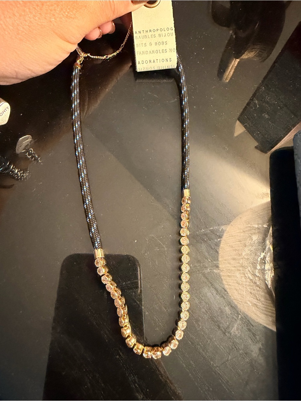 Anthropologie Black Cord Necklace with Gold Crystal Beads